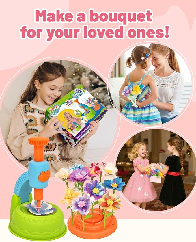 Glowsprout DIY Flower Bouquet Maker Kit with Fabric Petals for Girls, Green | Easy-press flower maker with colorful fabric petals and stems for bouquets, baskets and creative gifts for girls ages 3-12