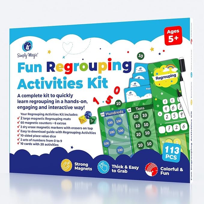 113 PCS Fun Magnetic Regrouping Activities Kit, Place Value - Simply Magic | Place Value Magnets 1st 2nd 3rd 4th Grade, Magnetic Place Value Discs Chips, Magnetic Place Value Chart Mat for Math