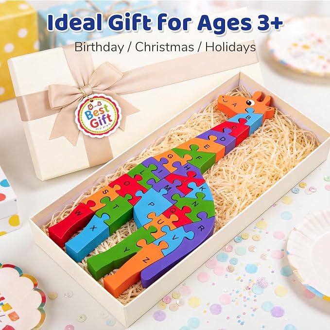 LovesTown Puzzle for Kids, Wooden, 3D Giraffe Shape | for Ages 3-5, Double-Sided, Alphabet Recognition, Number Counting, Homeschool Fun, Quiet Play, Montessori Educational Gifts