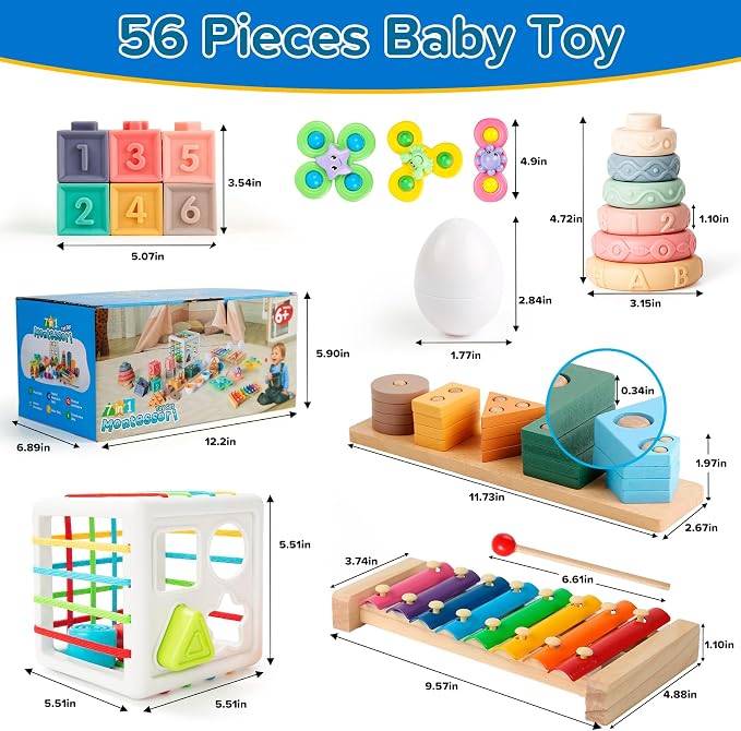 Somastung 7‑in‑1 Montessori Baby Toys for 6‑12 Months & 1+ Years, Infant Sensory Teething & Stacking Blocks | Wooden Shape Sorter, Xylophone Musical Toy, Birthday Gift for Toddlers 1‑3