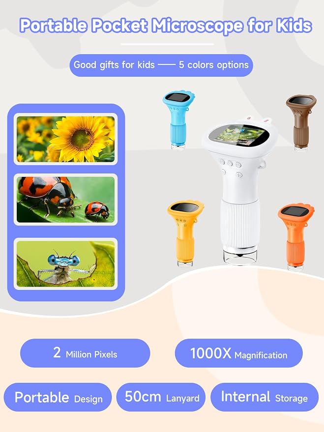 Acoath Microscope for Kids, 1000X Handheld Digital Miniscope with 2.0" Screen, Portable Pocket Microscope Education Toys Birthday Gifts for Age 3 4 5 6 7 8 9 10 Girls Boys