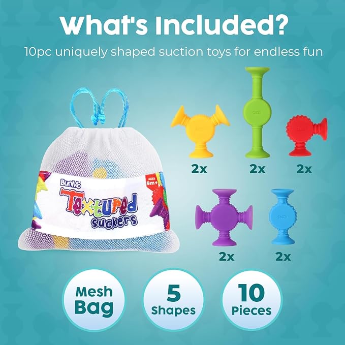 BUNMO Bath Toys Suction - Connect, Build, Create - Toddler Bath Toys - Hours of Fun & Creativity - Fine Motor Skills - Stimulating Sensory Toys - Non-Mouthable Toy - Textured 10 Pack