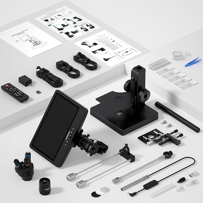 Andonstar AD269S 20X-5000X HDMI Digital Microscope, 5 Lens 2160P UHD Video | 10.1'' LCD IPS Screen, Metal Biological Stand, X-Y Moveable Stage, Endoscope, Home Lab Microscope Kit with Slides, 32GB Card