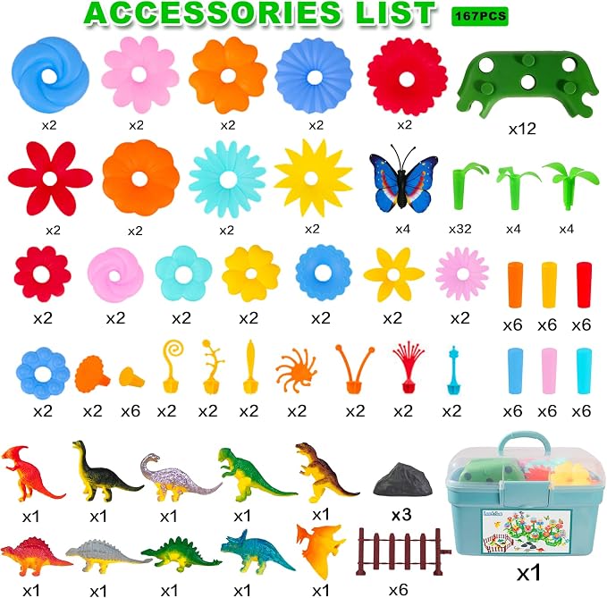 Toys Gifts for Age 2 3 4 5 6,167 PCS Dinosaur Flower Garden Building Blocks | STEM Fine Motor Skill Stacking Games for Toddlers, First 1st Birthday Gifts for Preschool Kids Boys Girls 2+ Years Old