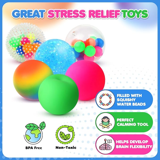 6 Set Squishy Sensory Stress Squeezing Balls for Adults | Sensory Calming Tool to Relieve Nervousness, Vent Mood and Improve Focus, Pull Stretch Fidget for Classroom Prize Box Toys