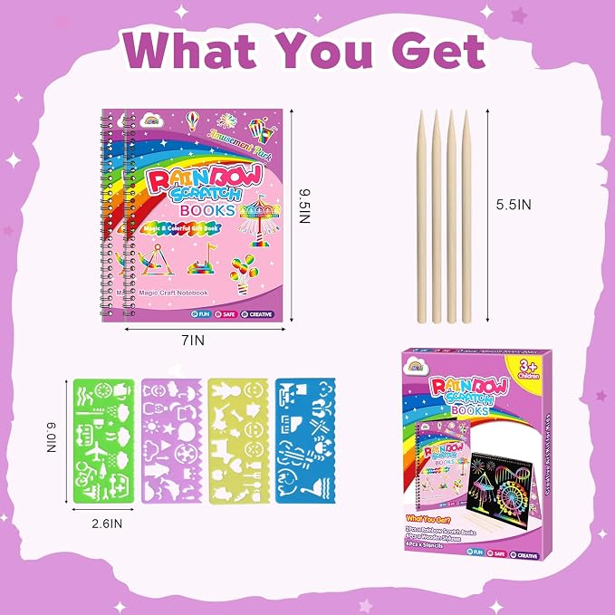 ZMLM Scratch Paper Art-Crafts Gift: 2 Pack Rainbow Notebooks Supplies Toys | Art Crafts for 3 4 5 6 7 8 9 10 11 12 Years Old Girls and Boys Kids Birthday Christmas Party Travel Games Activities