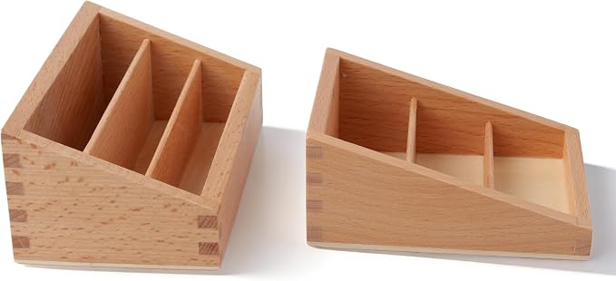 Premium Montessori Large Three Part Box 2pcs– Solid Beechwood Storage Box for Language 3-Part Cards, Sorting & Classification Tray, Practical Life Materials for Card Organization, Homeschool Classroom