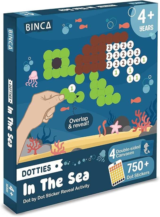BINCA Dotties Dot Art Activity Kit, 750+ Stickers, Underwater Animals Mess-Free Activities, DIY Dot Sticker Art, Kids Travel Activities, Gifts for Boys & Girls Ages 4,5,6