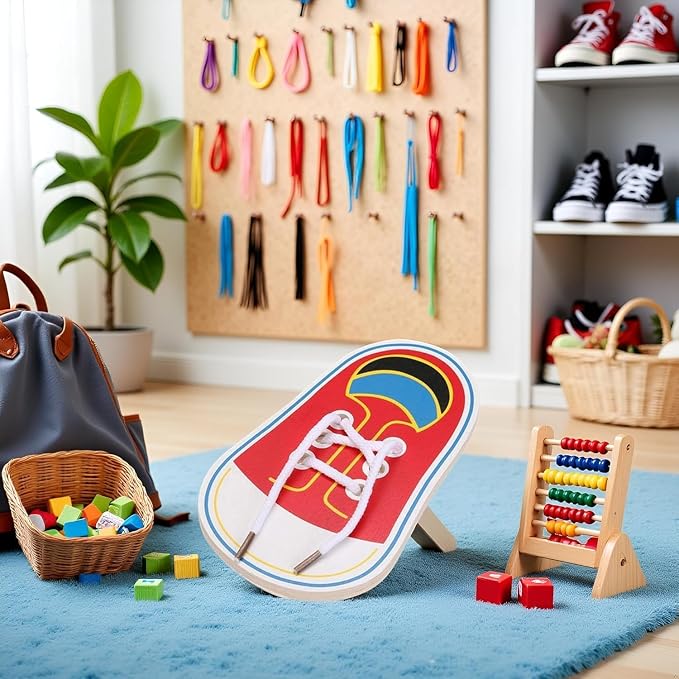 Wooden Threading Shoes Training Board, Learn to Tie Laces, Wooden Learn to Tie Your Own Shoes Threading Lacing Shoes Training Early Learning Kits | Threading Lacing Shoes Training Board Early Learning