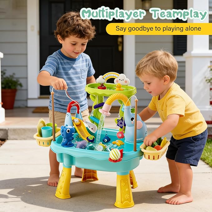 2027 Upgraded 4-in-1 Water Table for Toddlers 2-3, Kids Sensory Table with Electric Water Pump & Faucet, Kitchen Play Sink Toys with Food Accessories, Fishing Toy (NEW Blue)