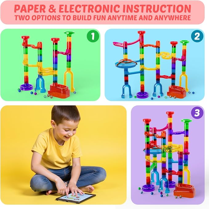 MaxTronic Marble Run Kit for Kids,Upgrade Marble Maze Kit 16mm Marbles 109pcs Building Blocks STEM Learning Toys Christmas Birthday Gift for Kids Aged 3-12
