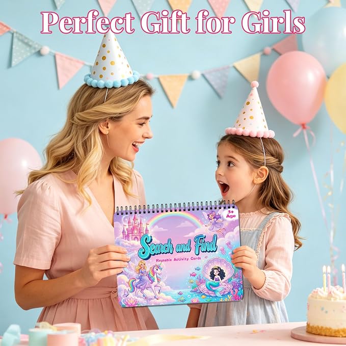 Elfew Search and Find Reusable Activity Book for Girls 3-5, 4-8 | 24 Unique Themed, With 2 Markers, Wipe Cloth & Storage Pouch, Quiet Travel Toy Gift for Toddler Kids 3-8