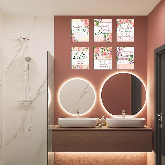 HOURIA 6pcs Framed Watercolor Peaches Bathroom Canvas Wall Art,8 * 10”Lovely Pink Peach Blossom Pictures Wall Decor,Sweet Cheeks Please Seat Yourself Funny Posters for Bathroom