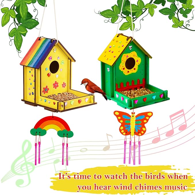 Crafts for Kids Ages 8-12 -Make Your Own Bird Feeder Wind Chime Kit with Diamond Stickers - 2 Pack Unfinished Wood DIY Kids STEM Painting Activities Crafts Outdoor Toys for Boys Girls Ages 6-8 3-5