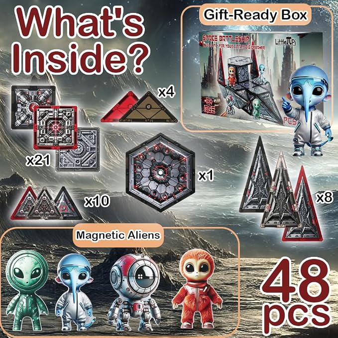 Little Pi Space Battleship Magnetic Tiles, Building Blocks for Kids