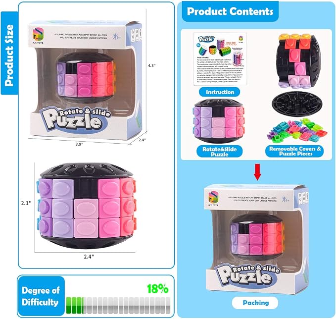 R.Y.TOYS Rotate and Slide Puzzle-Design Patent,Fidget Toys(Restore Order/Create Patterns) 12 Colors,3 Layers-Open Cover for Quick Play,Brain Teaser,Sensory Toys,Birthday Gifts,Easter Basket Stuffers