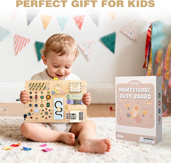 Joyreal Wooden Busy Board Montessori Toys for Toddlers, Sensory Activity Board with LED Lights, Music Box & Locks, Educational Learning Toy Gifts for Boys and Girls