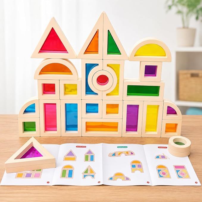 Rainbow Acrylic Blocks, 25 PCS Translucent Light Table Building Set | Montessori Sensory Toys Translucent Colorful Stacking Blocks STEM Learning Educational Toys for Toddlers Preschool Boys Girls