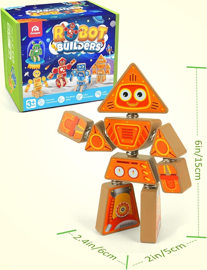 Coogam Snap Together Robot Builders for Toddlers | Wooden Take Apart Robot Build Block Playset, Fine Motor Skill STEM Educational Montessori Toy Gift for 3 4 5 Years Old Kids