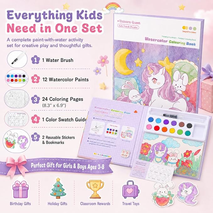 gesboole Paint with Water Coloring Books for Girls Ages 3-8, Unicorn Watercolor Painting Set for Kids Ages 3-5 4-8, Mess Free Arts and Crafts Activity Book, Birthday Gifts Travel Toys for Girls Boys
