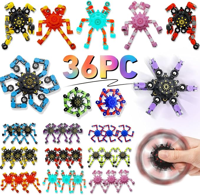36PCS Transformable Fidget Spinner,Funny Stress Relief Sensory Fidget Toys | Deformable Chain DIY Robot Fingertip Gyros Toy Halloween Party Favors Stocking Stuffers Prizes for Kids Classroom