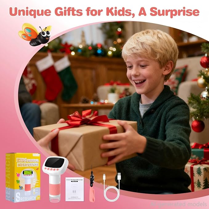 Pocket Kids Microscope for Over 3 Years Old, 1000X Handheld Microscope for Kids w/2''IPS Digital, Photo Video Mini Portable Microscopes, Science Edu Digiscope,Christmas Birthday Gifts for Kids