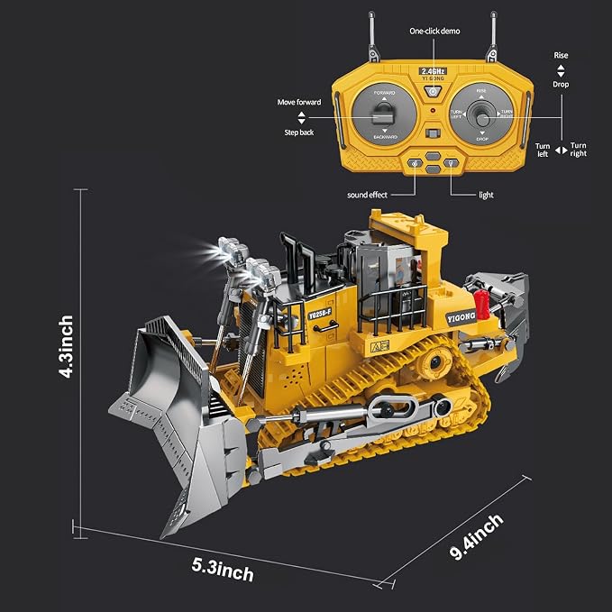 Remote-Controlled Bulldozer, a 9-Channel Toy Bulldozer, 2.4GHz, with Lights and Sound Effects, is The for Children Aged 6-11 and up