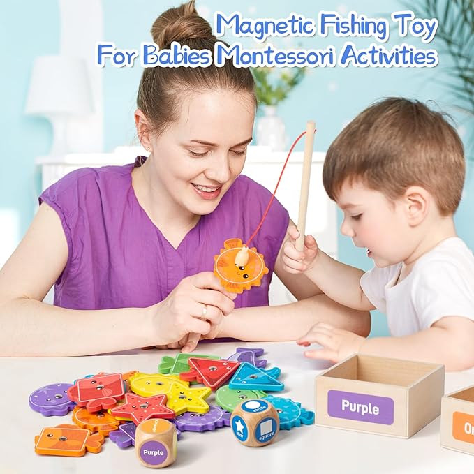 Montessori Fishing Game for Toddlers,Wooden Magnetic Fishing Game,Early Educational-Shape & Color Sorting Toy for Kid 3-5,Preschool Learning Fine Motor Skill,Classroom Matching Activity