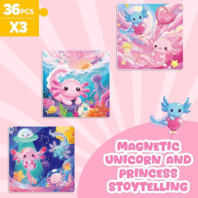 Homicozy Magnetic Puzzles for Toddler Kids 3-8, Axolotl Travel Toys | 36-Pieces Magnetic Puzzles for Girls Ages 3-5 4-6, Car Airplane Road Trip Activities, Quiet Screen-Free Game, Birthday Gifts