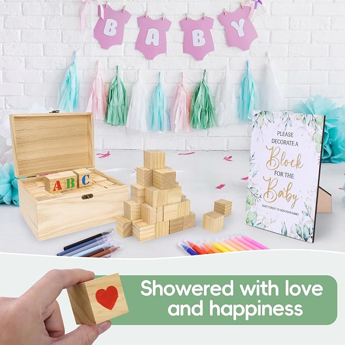 96 Pcs Decorate A Block Baby Shower, Fun Baby Shower Games Sign Kit, Baby Shower Blocks to Decorate, Baby Blocks Wooden Box with 52 Wooden Blocks 36 Paint Markers 1 Game Sign 6 Stencil Templates