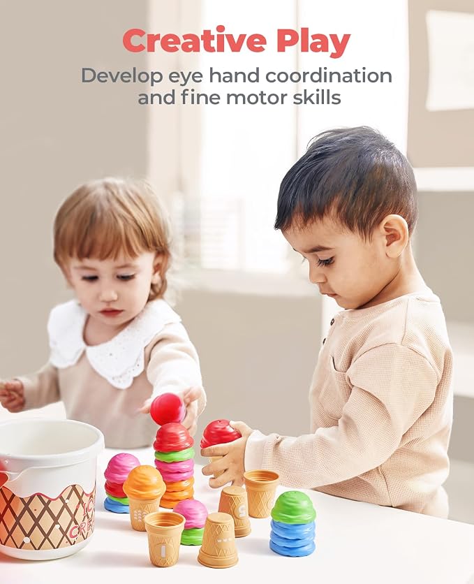 JoyCat Ice Cream Preschool Learning Activities Counting and Color Sorting Set Stacking Toys for Kids 1-5, Educational Fine Motor Skills Toys, 30PCS Math Manipulatives | Match colors, stack scoops and serve pretend ice cream; included pieces support cou...
