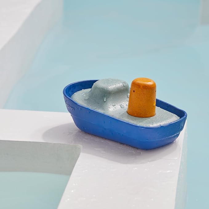 PlanToys® Tugboat Wooden Bath Toy, Floating Boat Fine Motor Imaginative Play
