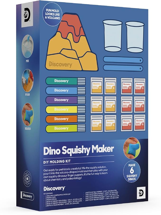 Discovery Dino Squishy Making Kit| Create 6 Squishy Dinosaur Finger Puppets| DIY Make Your Own Squishies Set| Kids Sensory Toy| STEM Chemistry Activity| Arts & Craft Kit| Educational Gift| Ages 6+