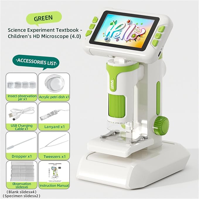 Microscope for Kids,1600X Digital Microscope with 4.0" HD Screen, 3-in-1 Portable Microscopes with Slides,STEM Educational Science Toy for Ages 6-12 Christmas Birthday Gifts for Boys & Girls (Green)