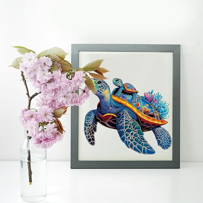 Wooden Jigsaw Puzzles for Adults Teens Kids, Parent & Baby Sea Turtle Wood Puzzle, Wooden Puzzles for Adults, Unique Animal Shaped Puzzle, Fun Challenging Family Games, 200pcs 11.5" x 9.7"