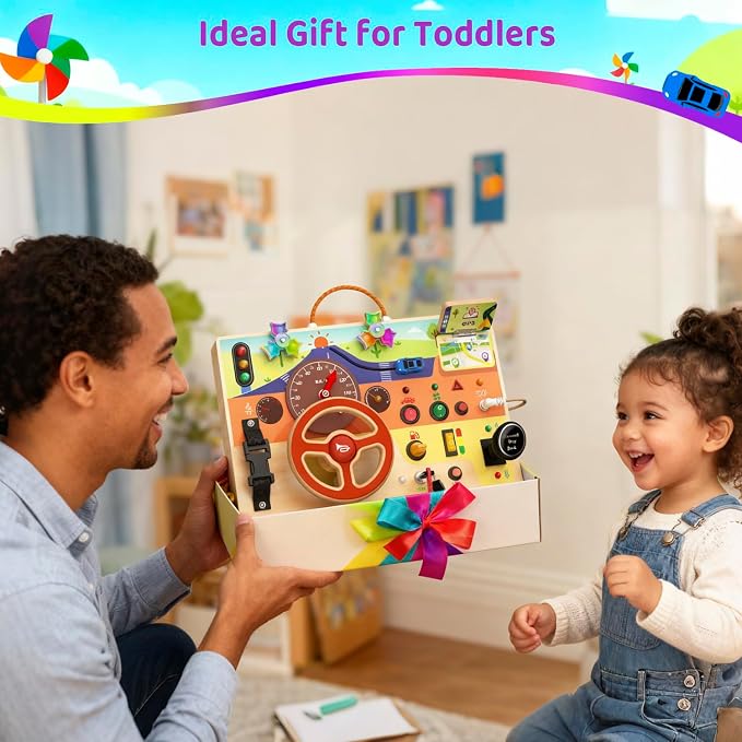 UdoUto Montessori Wooden Busy Board with Steering Wheel & Driving Toys | Sensory Activity Boards for Toddlers 1-3, Car Themed Fidget Toy, Lights, Switches & Windmill Spinner