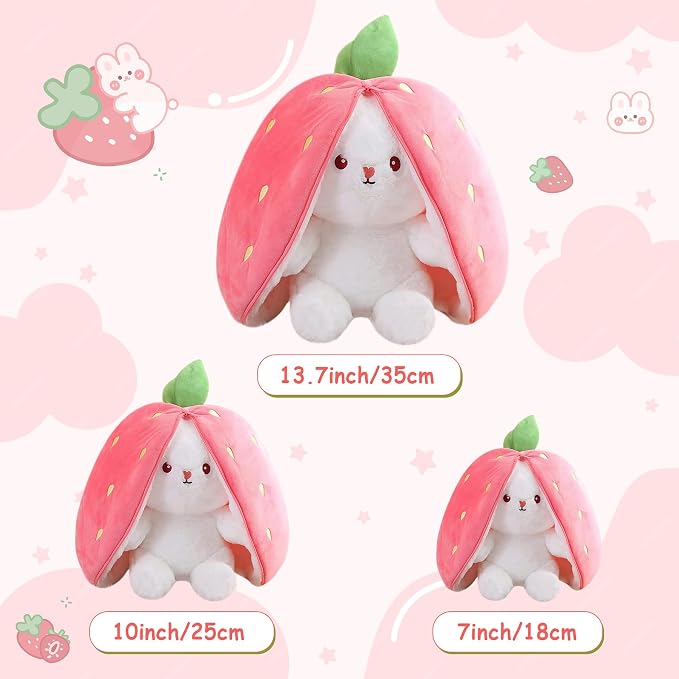 MIAODAM Strawberry Bunny Stuffed Animal,Reversible Cute Bunny Rabbit Plush | Zipper Design Turns Into Ear Bunny Plushies Toy,Cuddle Stuffed Bunny Doll for Kids Girls,Christmas/Birthday/Easter Bunny Gift