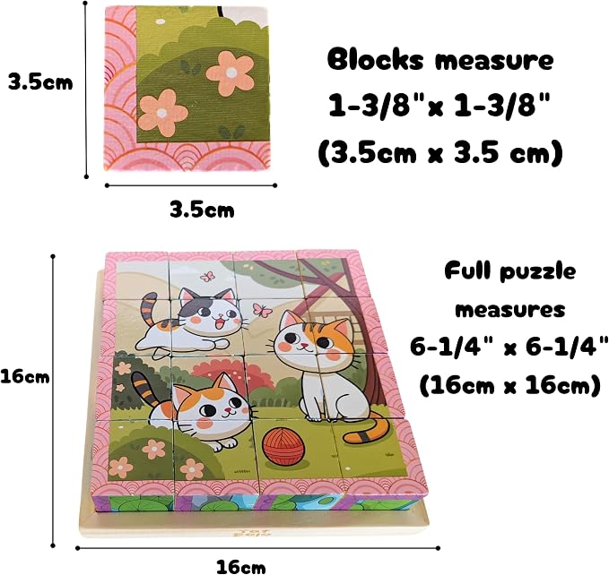 6-Sided Wooden Block Puzzle for Toddlers & Kids — 6 Puzzles in 1, Dogs, Cats, Frogs, Fish, Nature & Mountain Scenes, 16 Solid Birchwood Pieces with Wooden Storage Tray