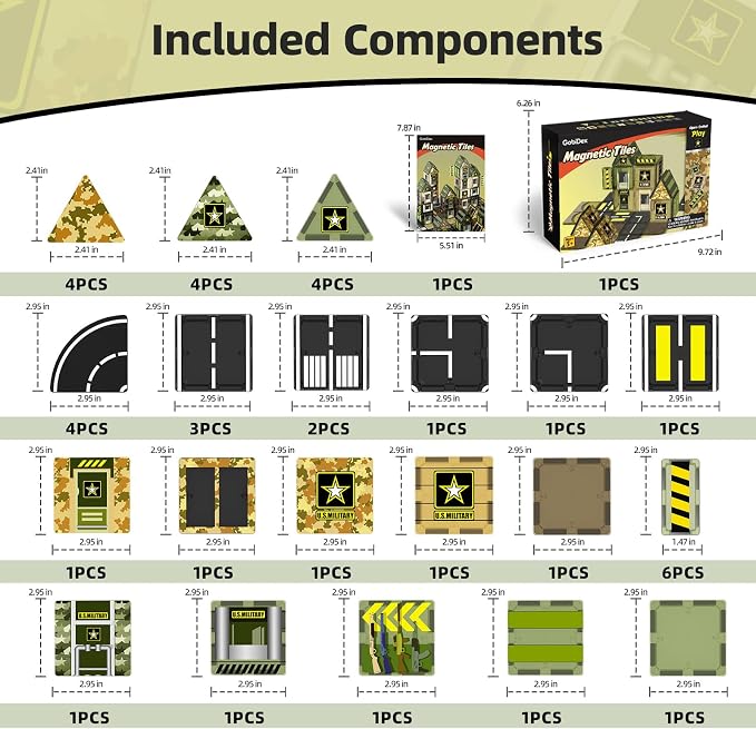 GobiDex Army Toys Magnetic Tiles Building Blocks Set for Kids Ages 3+ | STEM Magnet Military Toys for Kids Ages 3-5 4-8, Army Men Military Base Building Play, Educational Birthday Gifts for Boys