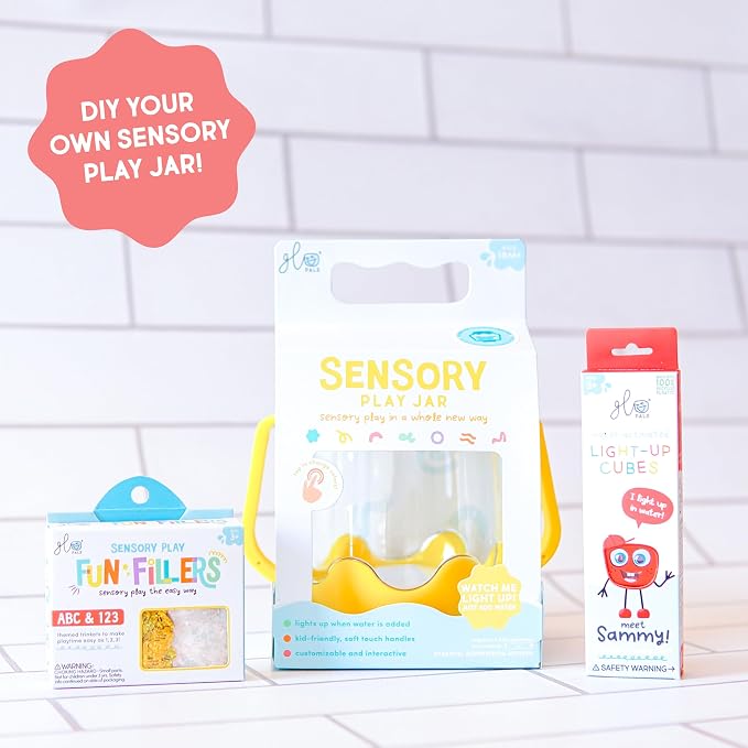 Glo Pals Play Pack Bundle, Jar, Light Up Cubes & Fillers, Glows Red | Sammy Character Water-Activated Bath Toy Cubes Glow Red, Light-Up Sensory Jar, ABC and Number Themed Fun Fillers