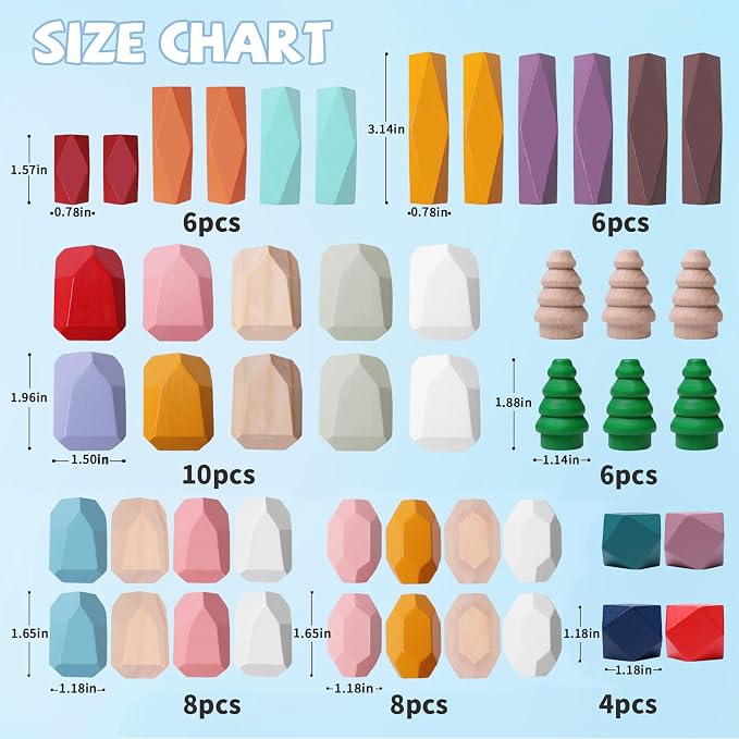 48 Pcs Wooden Stacking Rocks Building Blocks Montessori Toys for 3 Year Old | Blancing Stacking Stones Games Preschool Learning Activities Fine Motor Skills Toys, Birthday Gifts for 3 4 5 Year Old Kids
