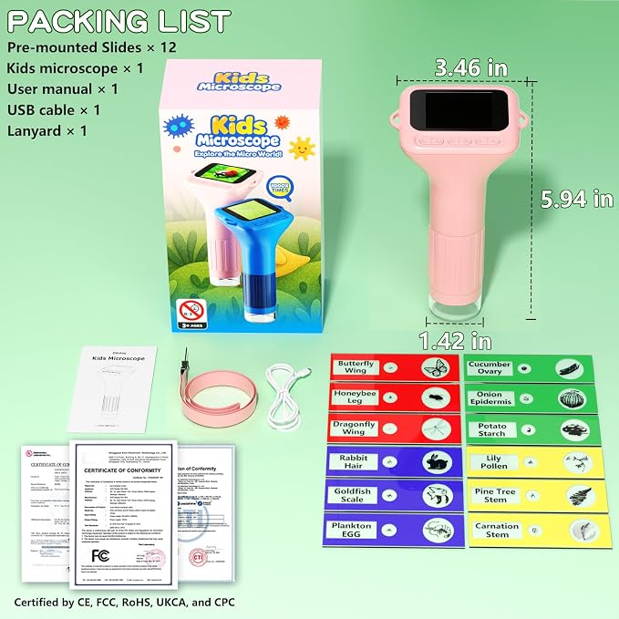 Odatay 1000X Digital Kids Microscope Kit with 12 Slides & 2" Screen, Pink | 1080P Imaging, Fit Ages 3-12, Standalone Pocket Science Edu Toys Gifts, Outdoor Backyard Bugs Exploring, Anti-drop Lanyard