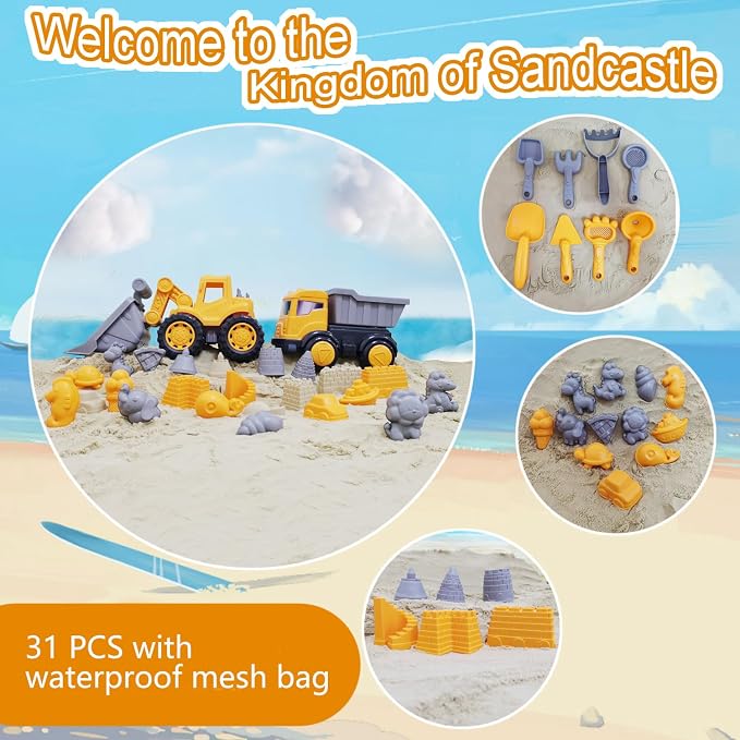 Long Shovel Sand Beach Toys with Big Excavator Toy, Dump Truck Toy, Construction Toys, Sand Castle Toys for Beach, Beach Rakes, Molds, Mesh Beach Bag for Kids, Toddlers, Boys & Girls (31 PCS)