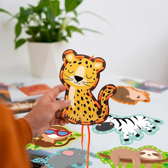 Jungle Animal Lacing Cards for Kids 12 Packs Double Sided Sewing Kits Lion Wild Animal Sewing Cards Educational & Learning Activities Fine Motor Skill for School Supplies Jungle Party Decor
