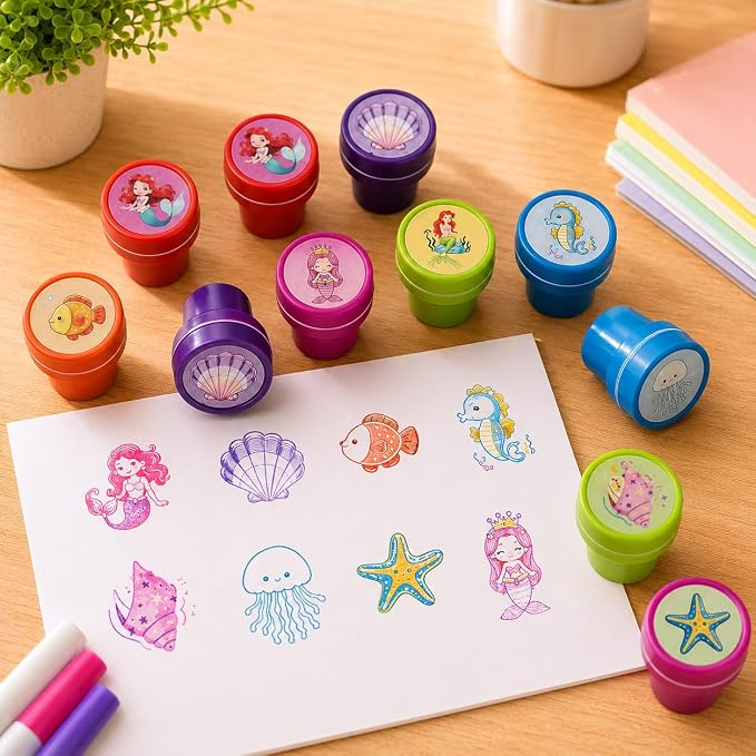 Cinrobiye 24 Pcs Mermaid Stampers Party Favor Set, Cute Under the Sea Stamps for Kids Birthday Party, Classroom Rewards, Carnival Prizes, Goody Bag Fillers, Mermaid Themed Party Supplies