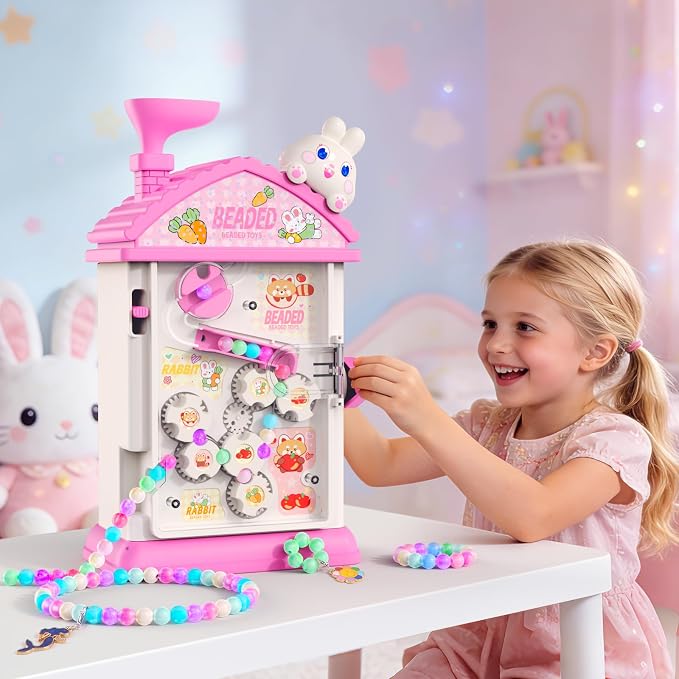 Bracelet Making Kit- Auto Beaded Jewelry Maker Toy Gift for Girls 6-12 | DIY Hand-Crank Pink House Kit, Inspires Creativity and Imagination, Friendship Bracelets, Birthday Gift, No Batteries MAGTHIC