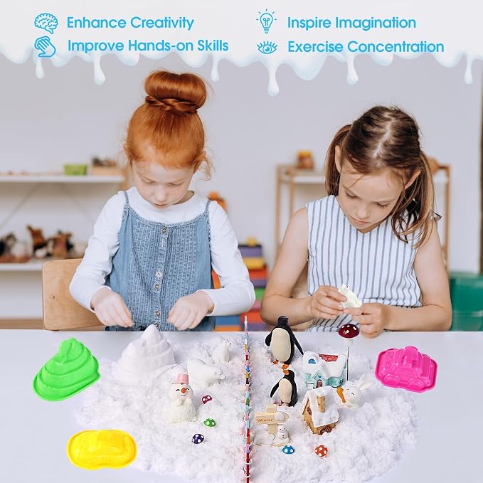 FIIOEOY Snow Sensory Bin, Play Sand Art Kit for Kids with Sensory Sand, Arctic Animal Figures, Winter Wonderland Sensory Snow Toy Birthday Gift for Toddler Ages 3 4 5 6 7 8