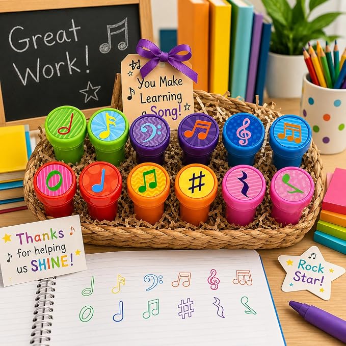 Cinrobiye 24 Pcs Music Note Stampers Party Favor Set, Pre-Inked Musical Note Stamps for Kids, Music Theme Birthday Party Supplies, Classroom Rewards, Goody Bag Fillers, Piñata Fillers