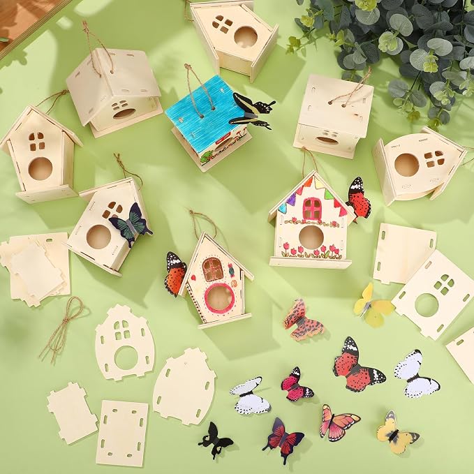 Sawysine 107 DIY Birdhouse Kits, Wooden Bird House Round Entrance | 48 Wooden Bird House Kits in 6 Shapes and 57 Butterfly Sticker for Children Fall Craft Activity Art DIY Project