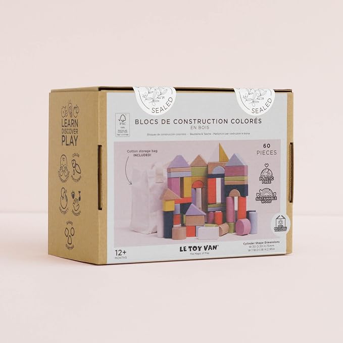 Le Toy Van - Educational Wooden Building Blocks 60 Piece Set Toy | Montessori Style Shape & Colour Development Toy - Suitable for 12 Months + (PL135)